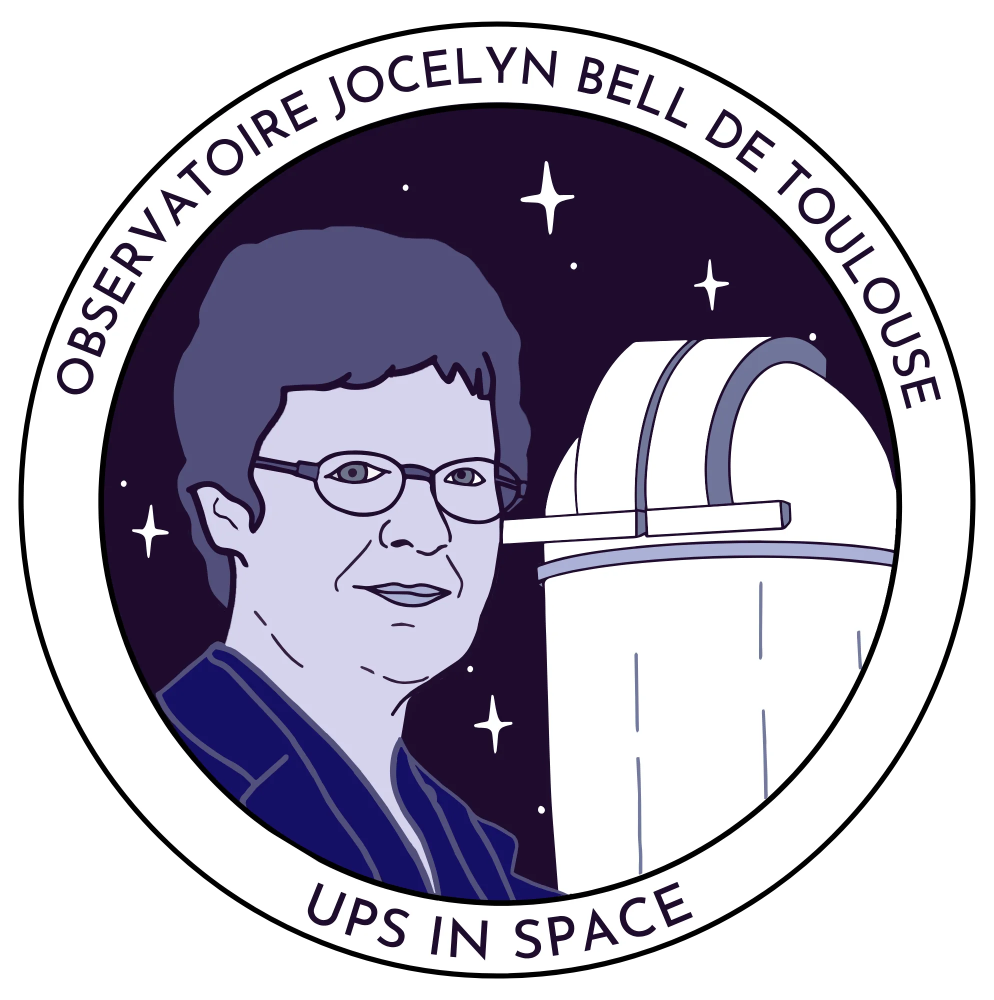 Logo de l’observatoire Jocelyn Bell de Toulouse : un médaillon rond, le portrait de Jocelyn Bell Burnell devant une coupole