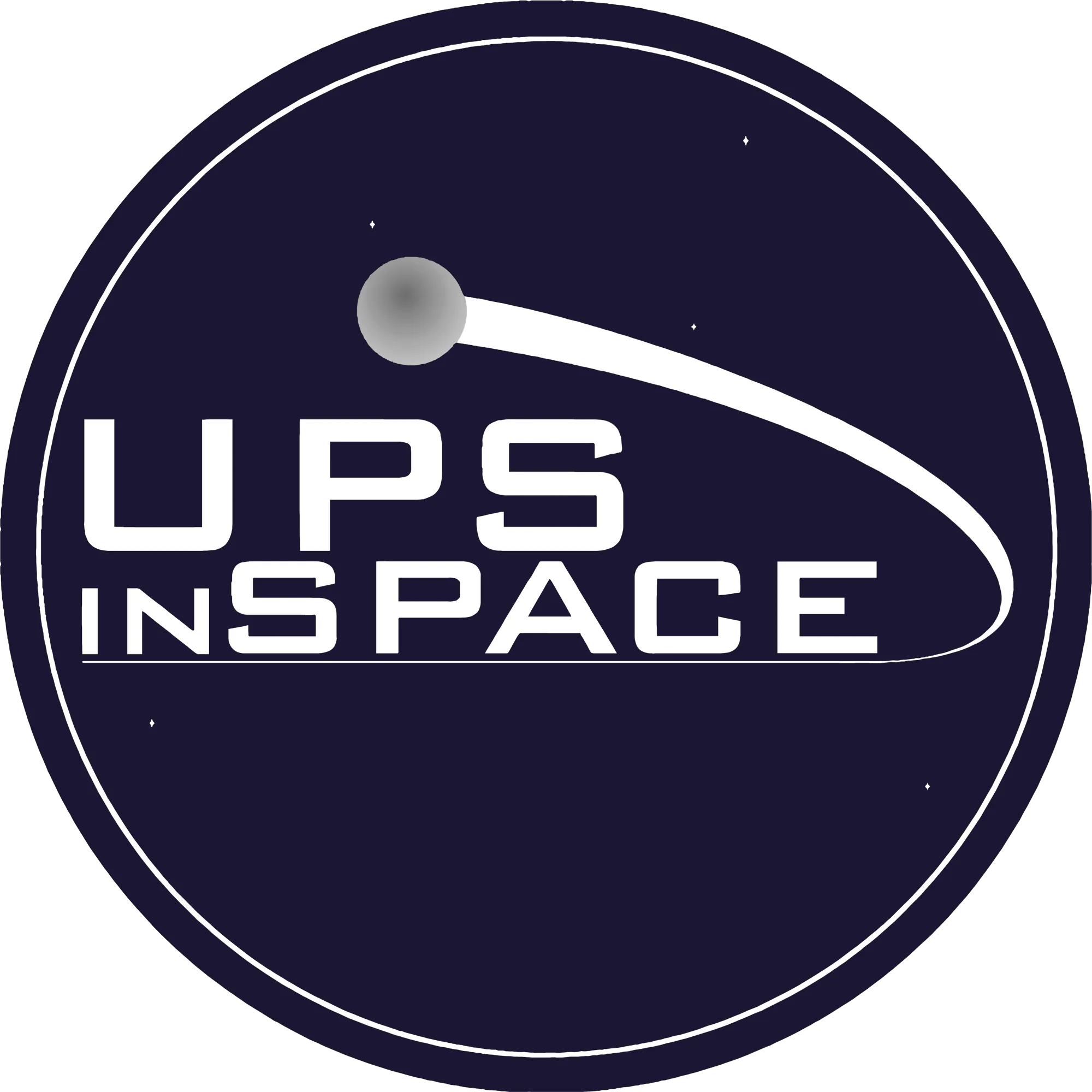Logo d’UPS in Space : un disque bleu nuit, le nom en capitales et une orbite autour d’une planète
